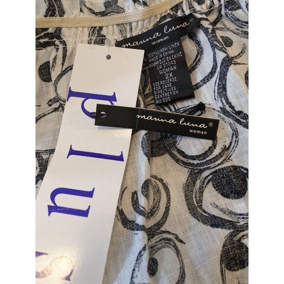 Marina Luna NEW Linen Top Womens 2X Black White Geometric Print Puff Sleeve Boho - Picture 7 of 7